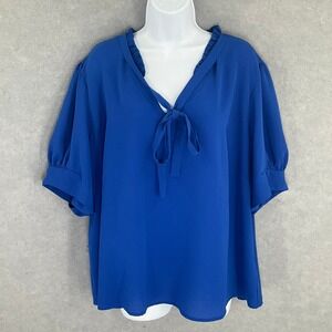 CeCe Top Women's 3X Blue Tie Neck Ruffle‎ Trim Puff Sleeve Blouse Flowy Office